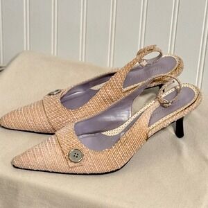 Vintage 90s HIGHLIGHTS Tweed Slingback Kitten Heels Beige Button Detail Size 8